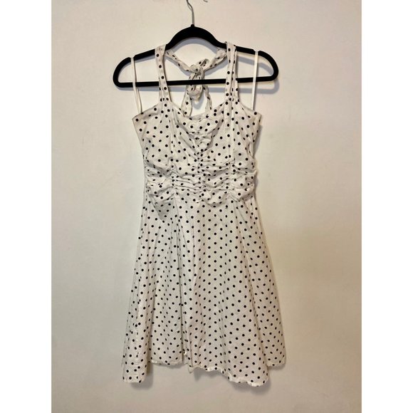 White w/ Black Polka Dot Halter Pinup Style Dress - Picture 3 of 4